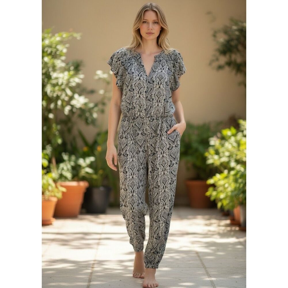 Anthropologie Paisley Print Cap-Sleeve Viscose Jumpsuit Navy Blue Boho Size 4